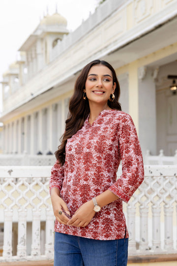 Crimsontrail Maroon Printed Cotton Top