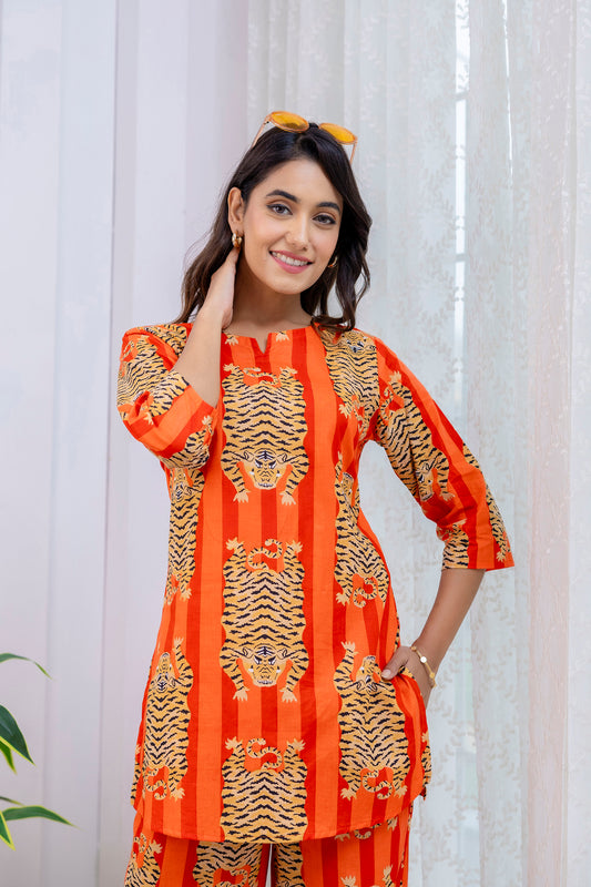 Orange Cotton Animal Print Co-ord Set - Me&My