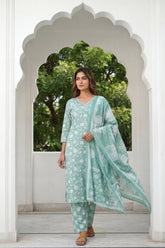 Teal Rose Drift Floral Cotton Dupatta Set | Me&My