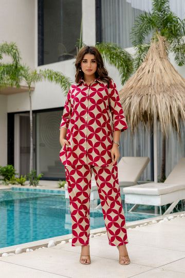 Crimson Bloom Maroon Cotton Co-ord Set