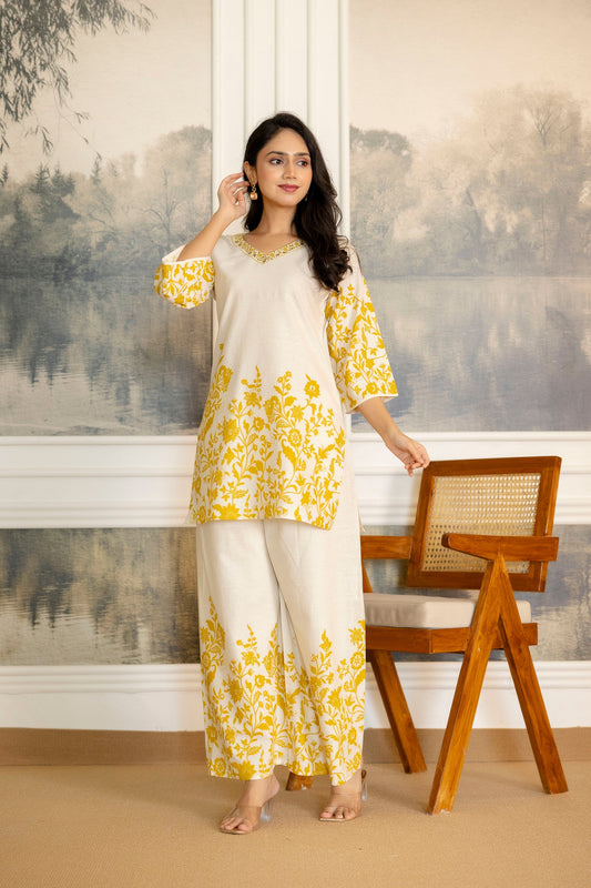 Cloudgold Off-White & Mustard Botanical Cotton Flex Co-ord Set - Me&My