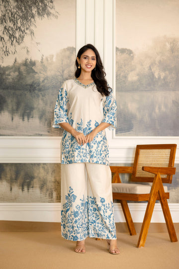 Ivoryfern Off-White & Green Botanical Cotton Flex Co-ord Set