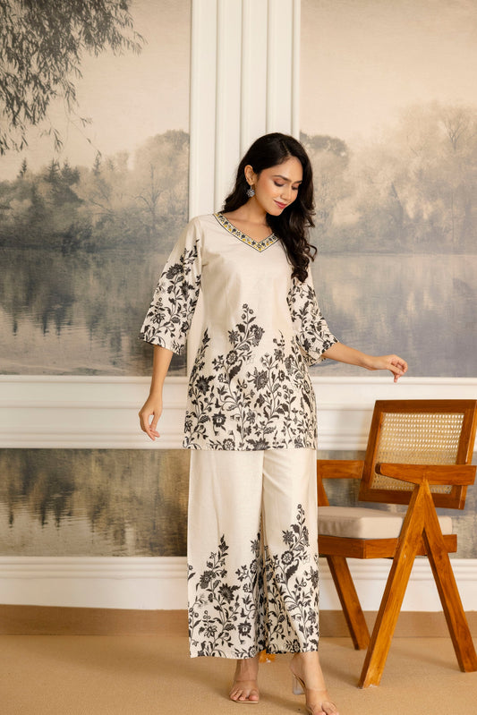 Pearlvine Off-White & Olive Botanical Cotton Flex Co-ord Set - Me&My