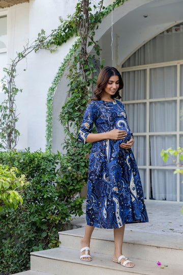 Royal Paisley Flared Maternity Gown