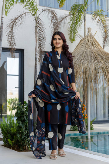 Black Cosmic Polka Stripe Cotton Suit Set