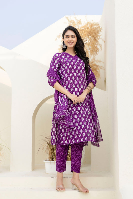 Royal Purple Cotton Printed Kurta Set with Dupatta - Me&My