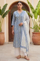 Slate Sprig Elegance Stripe Cotton Dupatta Set | Me&My