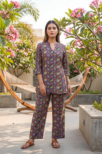 Cobalt Geometric Buti Cotton Co-ord Set