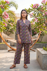 Cobalt Geometric Buti Cotton Co-ord Set
