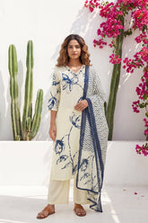 Cream Iris Garden Botanical Cotton Dupatta Set | Me&My