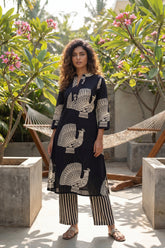 Peacock Elegance Black Cotton Co-ord Set
