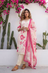 Zardozi Garden Ivory Scattered Floral Cotton Suit Set