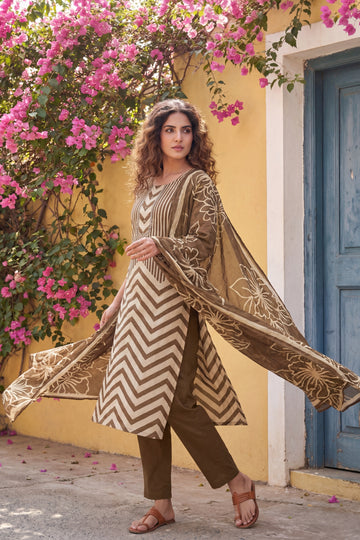 Olive Stripe Botanica Cotton Dupatta Set