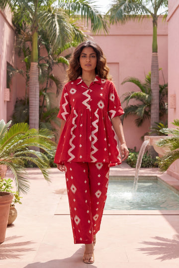 Crimson Diamond Red Cotton Co-ord Set