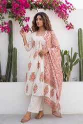 Ivory Boota Tassel Floral Cotton Dupatta Set | Me&My