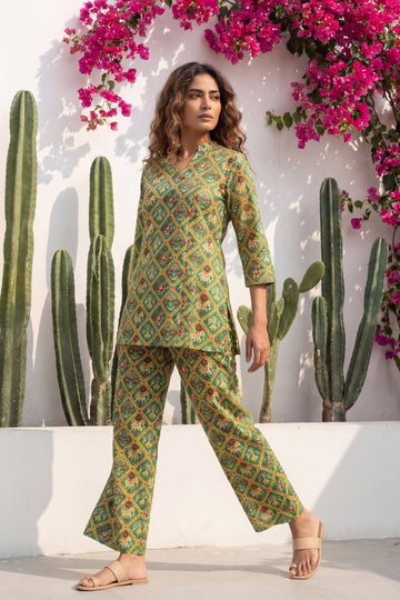 Geometric Heritage Green Ikat Cotton Co-ord Set