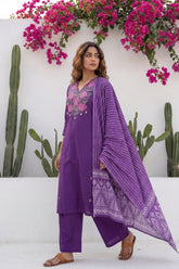 Plum Boota Sovereign Embroidered Cotton Dupatta Set | Me&My