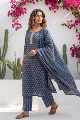 Indigo Boota Crest Floral Cotton Dupatta Set | Me&My