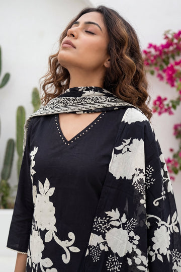 Obsidian Garden Drift Floral Cotton Dupatta Set
