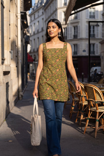 Atelier Olive Green Square Neck Cotton Top