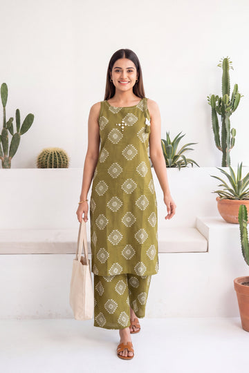 Verdant Ease Sleeveless Cotton Co-ord Set