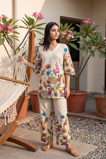 Papaya Grove Ivory Scattered Floral Cotton Co-ord Set