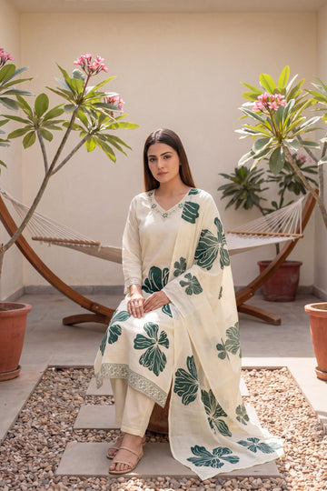 Sheesham Grove Ivory Leaf Print Cotton Suit Set
