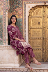 Woven Katha Plum Floral Cotton Suit Set