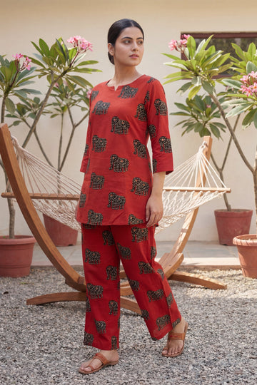 Crimson Angles: Red Geometric Cotton Co-ord Set