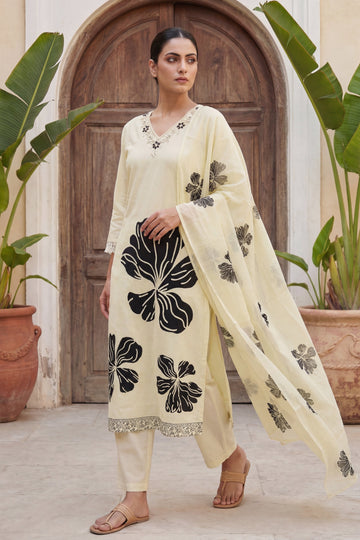 Vanilla Noir Bloom Botanical Cotton Dupatta Set