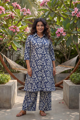 Indigo Damask Navy Cotton Co-ord | White Geometric Print | Me&My