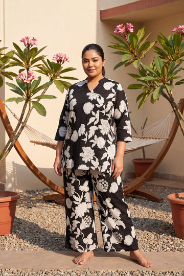 Royal Gardens Black Floral Print Angrakha Cotton Co-ord Set