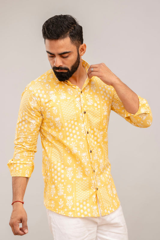 Radiant Yellow Block Print Cotton Shirt - Me&My