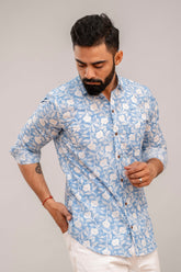 Classic Blue Floral Print Cotton Shirt - Me&My