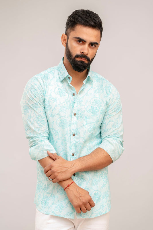 Turquoise Floral Print Cotton Shirt - Me&My