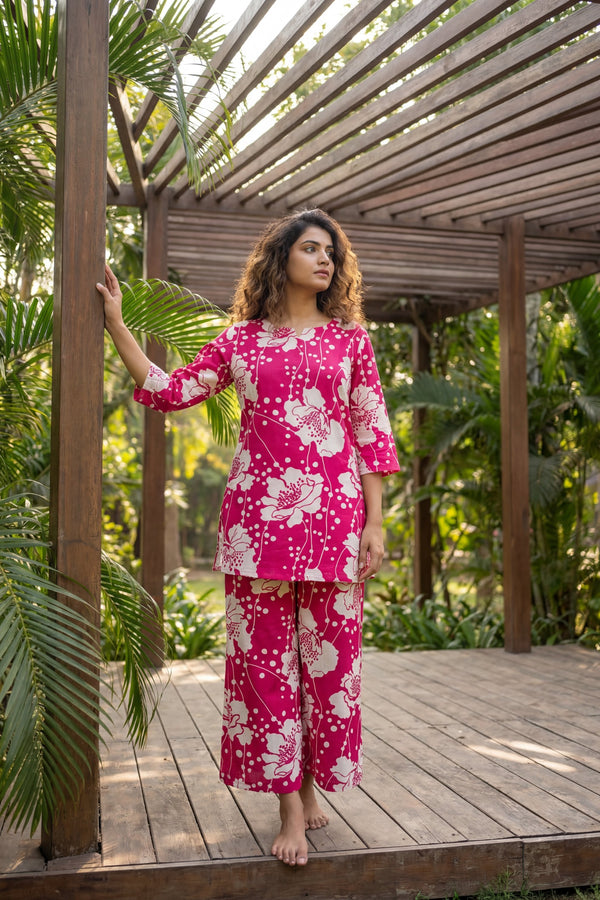Blossom Garden Bright Pink Floral Cotton Co-ord Set