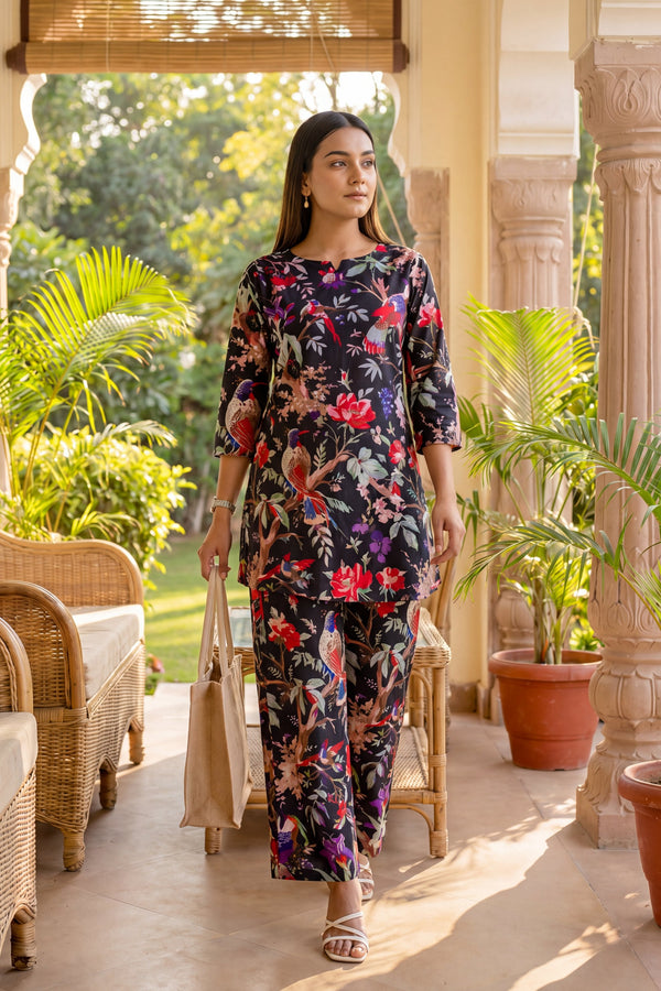 Elegant Black Cotton Botanical Co-ord Set