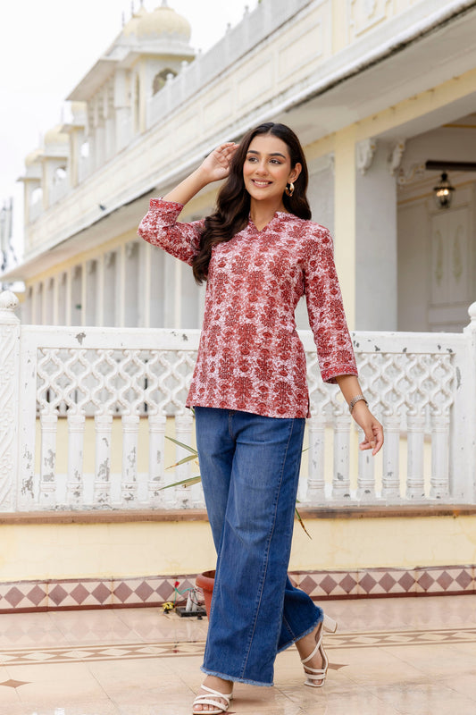 Crimsontrail Maroon Printed Cotton Top - Me&My