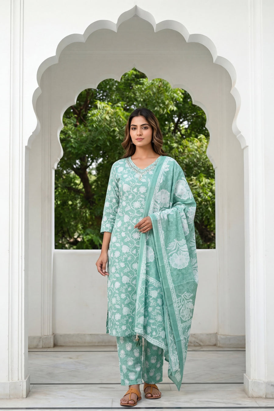 Teal Rose Drift Floral Cotton Dupatta Set — image 5