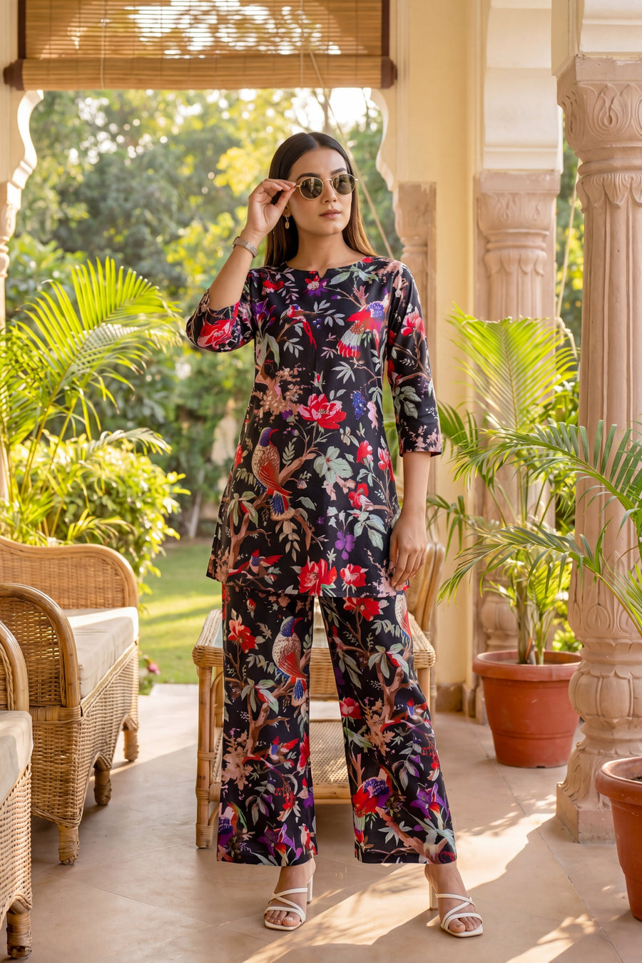 Elegant Black Cotton Botanical Co-ord Set — image 11
