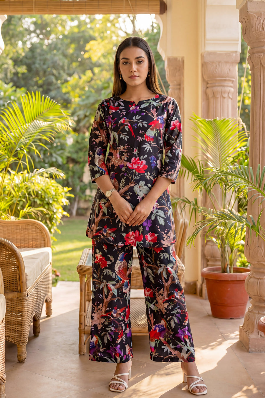 Elegant Black Cotton Botanical Co-ord Set — image 6