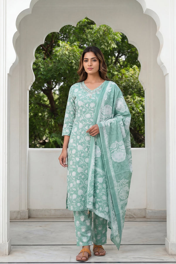 Teal Rose Drift Floral Cotton Dupatta Set