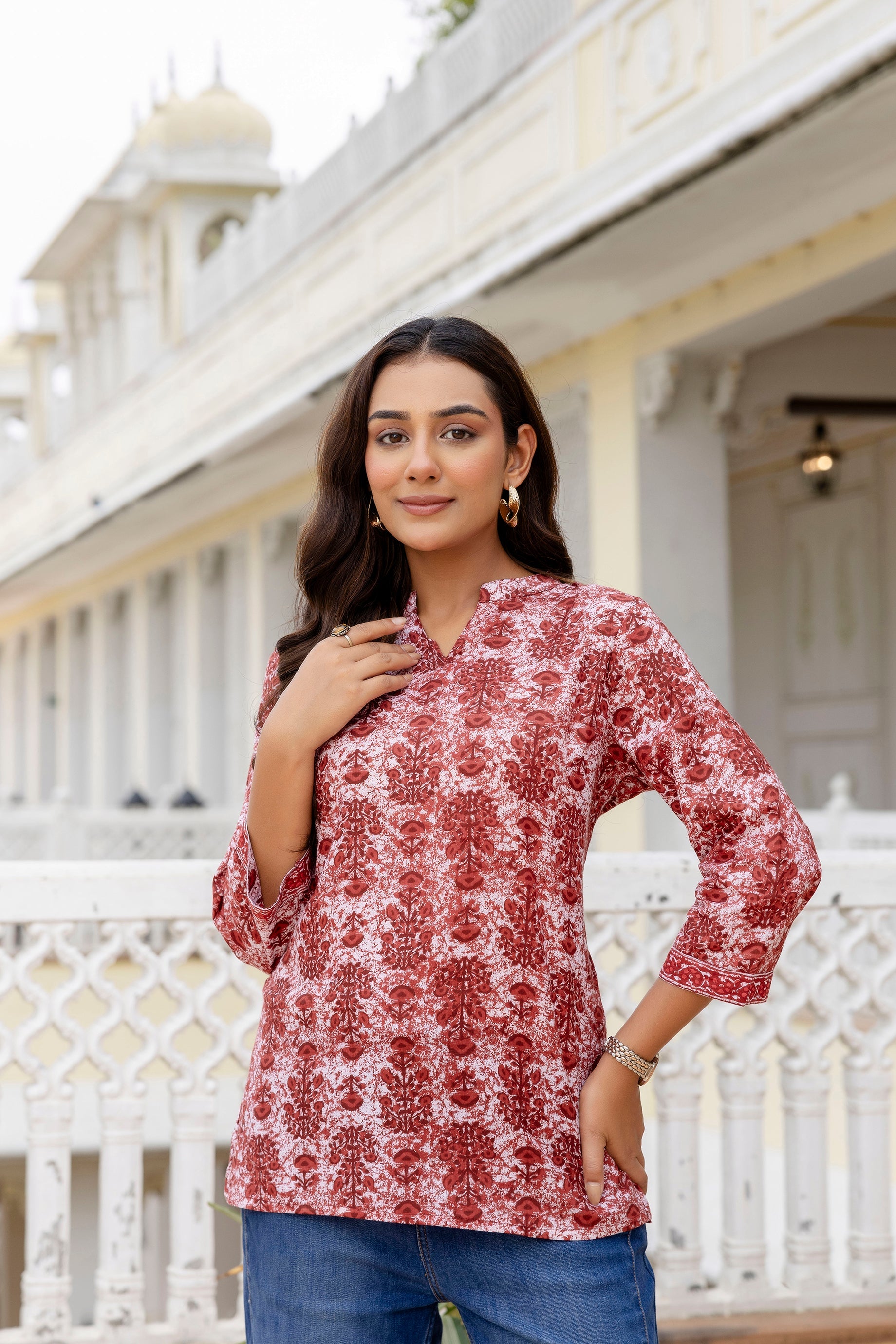 Crimsontrail Maroon Printed Cotton Top Me & My 