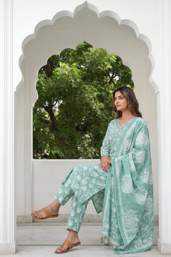 Teal Rose Drift Floral Cotton Dupatta Set