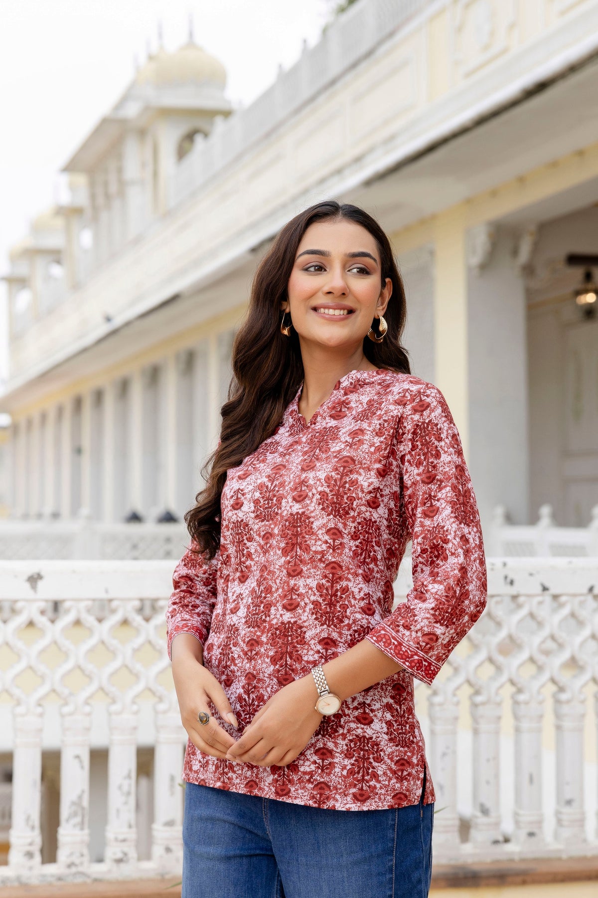 Crimsontrail Maroon Printed Cotton Top Me & My 