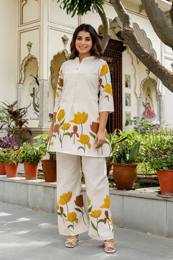 Creamrose Off-White & Pink Floral Cotton Flex Co-ord Set