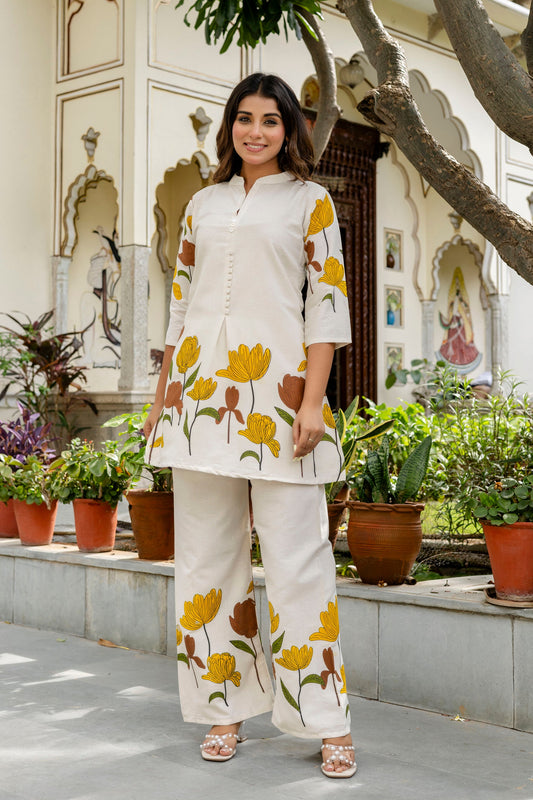 Creamrose Off-White & Pink Floral Cotton Flex Co-ord Set - Me&My