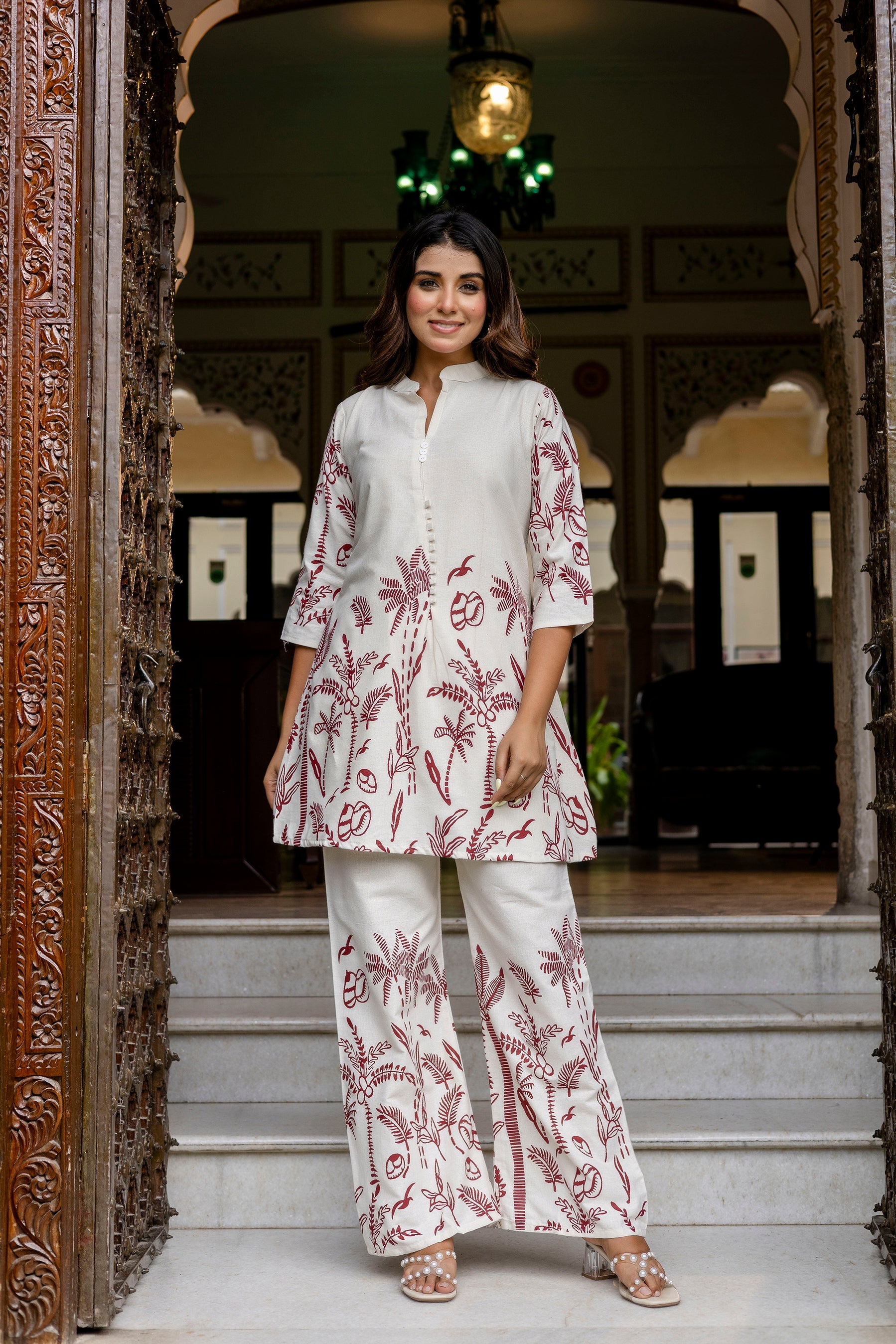 Almondbloom Off-White & Maroon Floral Cotton Flex Co-ord Set from Me&My