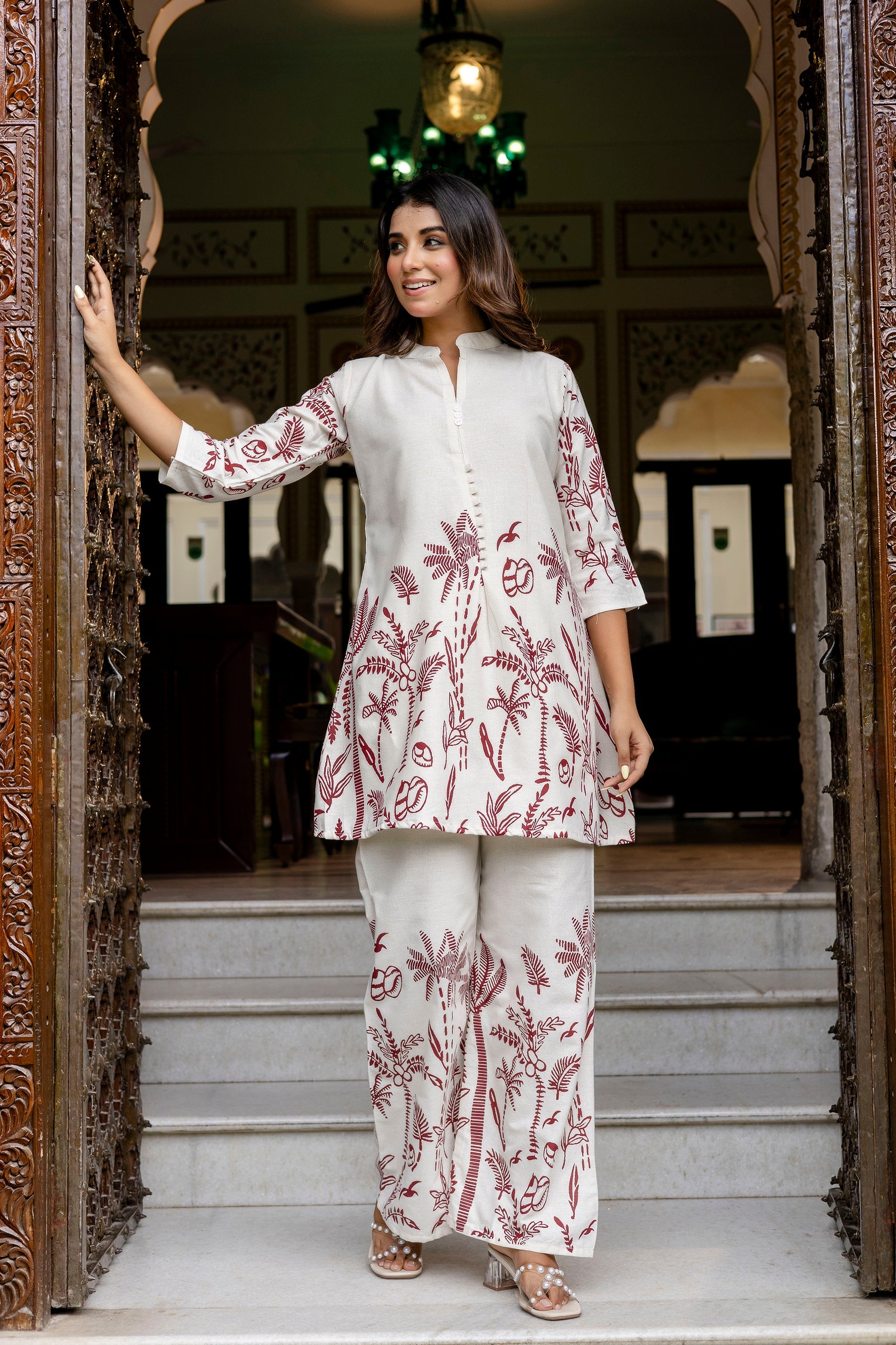 Almondbloom Off-White & Maroon Floral Cotton Flex Co-ord Set from Me&My