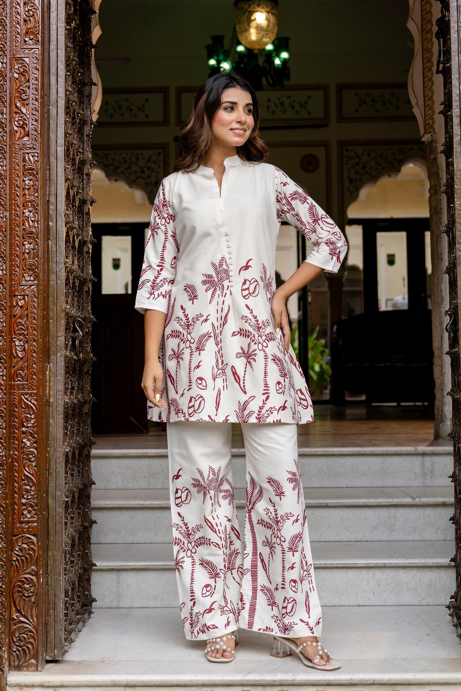 Almondbloom Off-White & Maroon Floral Cotton Flex Co-ord Set from Me&My